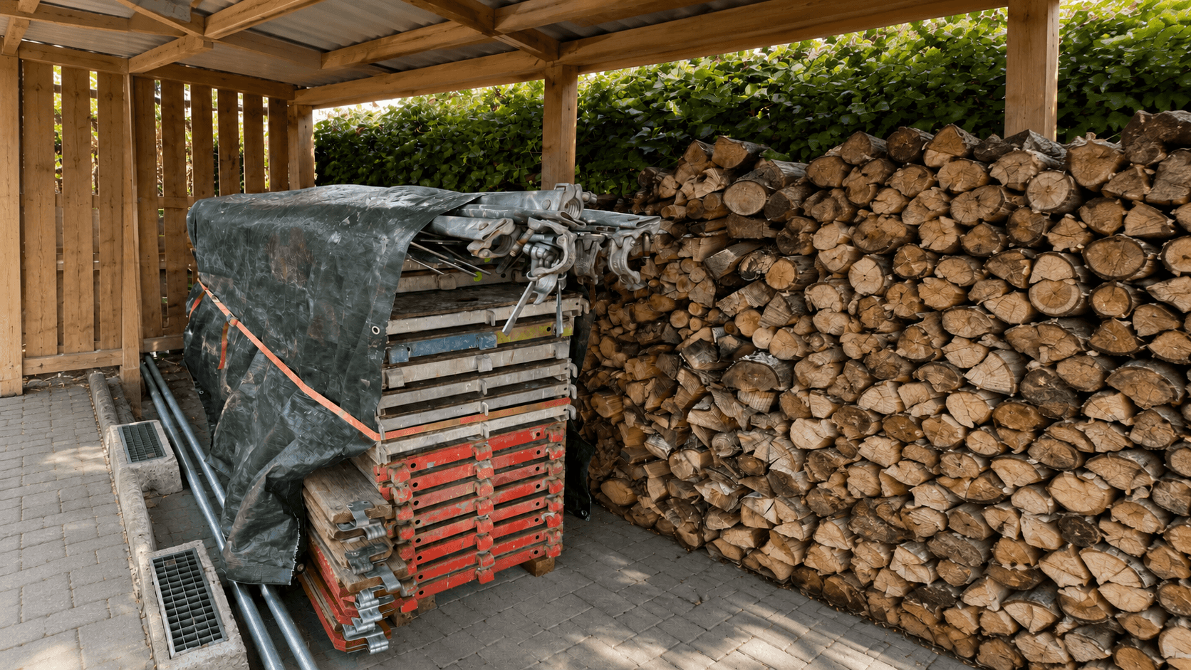 Eingelagertes Gerüstmaterial, bereit zum Ausliefern